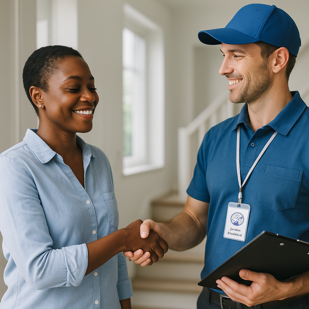 A smiling homeowner shakes hands with a professional field service worker inside a modern home, symbolizing trust, empathy, and professionalism in home service delivery.
