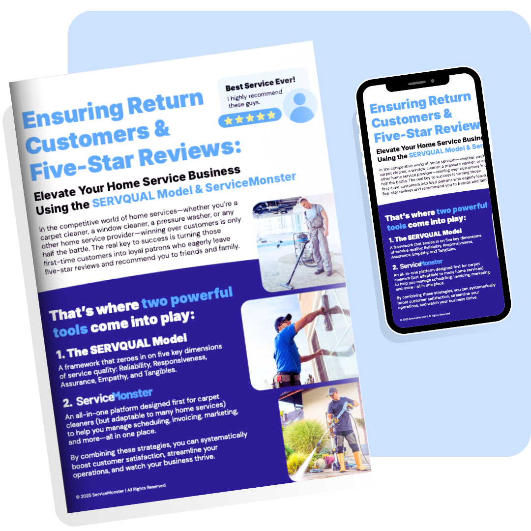 A visual preview of the ServiceMonster whitepaper titled “Ensuring Return Customers & Five-Star Reviews,” displayed on a tablet and smartphone screen, highlighting strategies for home service pros to improve customer retention and satisfaction using the SERVQUAL model.
